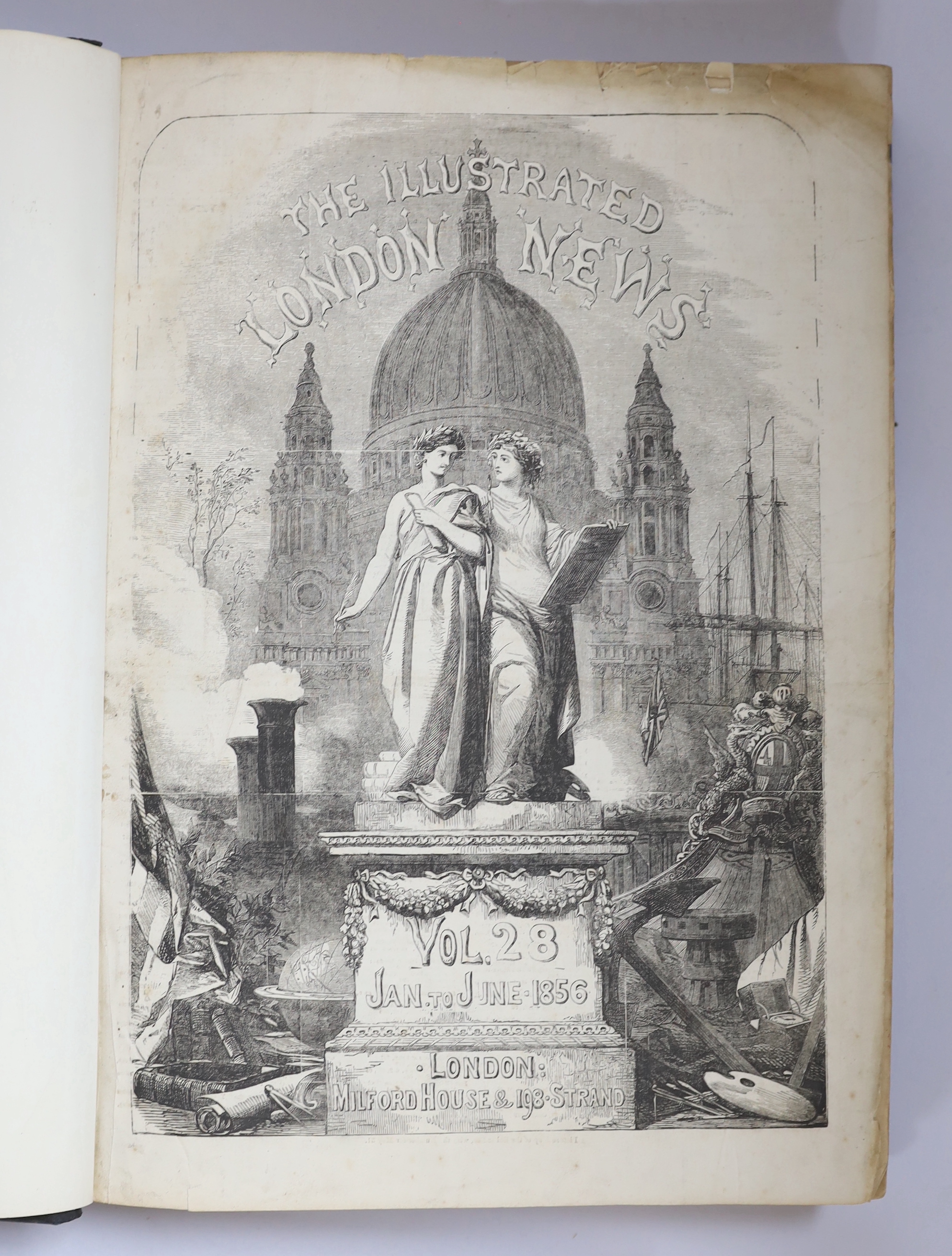 The Illustrated London News - vols.17 (July-Dec.1850); 20 (Jan-June 1852); 28 (Jan-June 1856). many engraved illus. (some folded or d-page); various cloth and leather bindings, folio. (3)